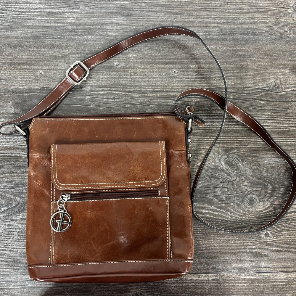 Giani Bernini Crossbody Bag Womens Medium Brown Leather Zip Pocket Adjustable